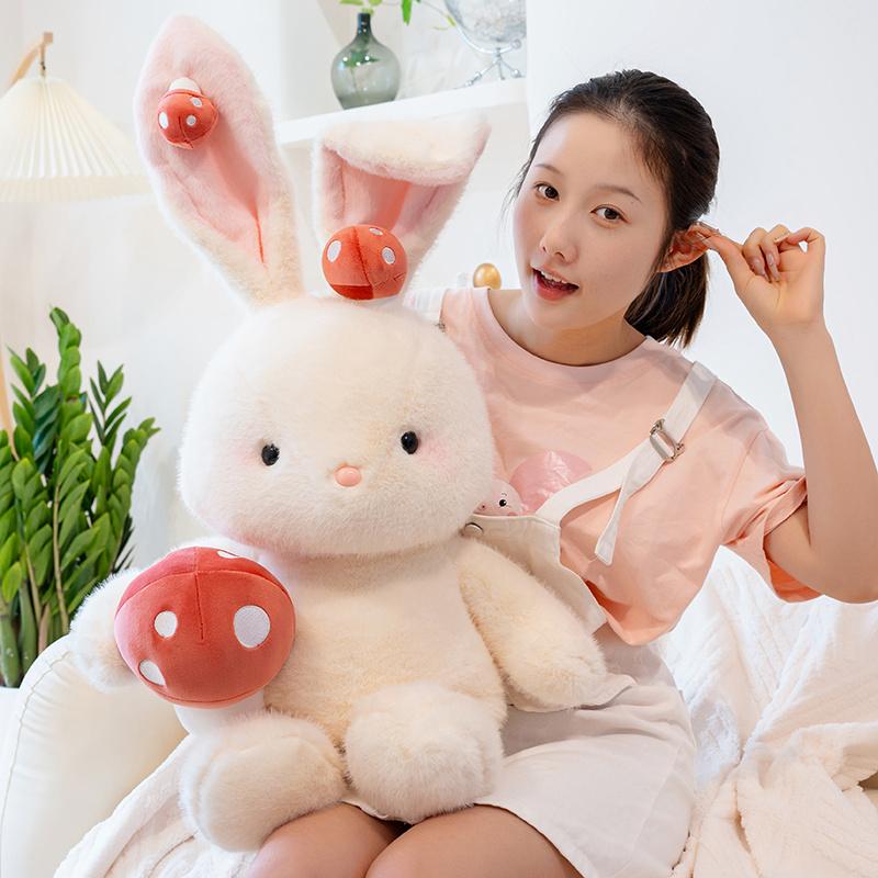 Süßes Kaninchen Hand hält Pilze Plüschtier Gefüllt 40/60/85cm Weißes Kaninchen Kuscheltier Kreatives Geburtstagsgeschenk