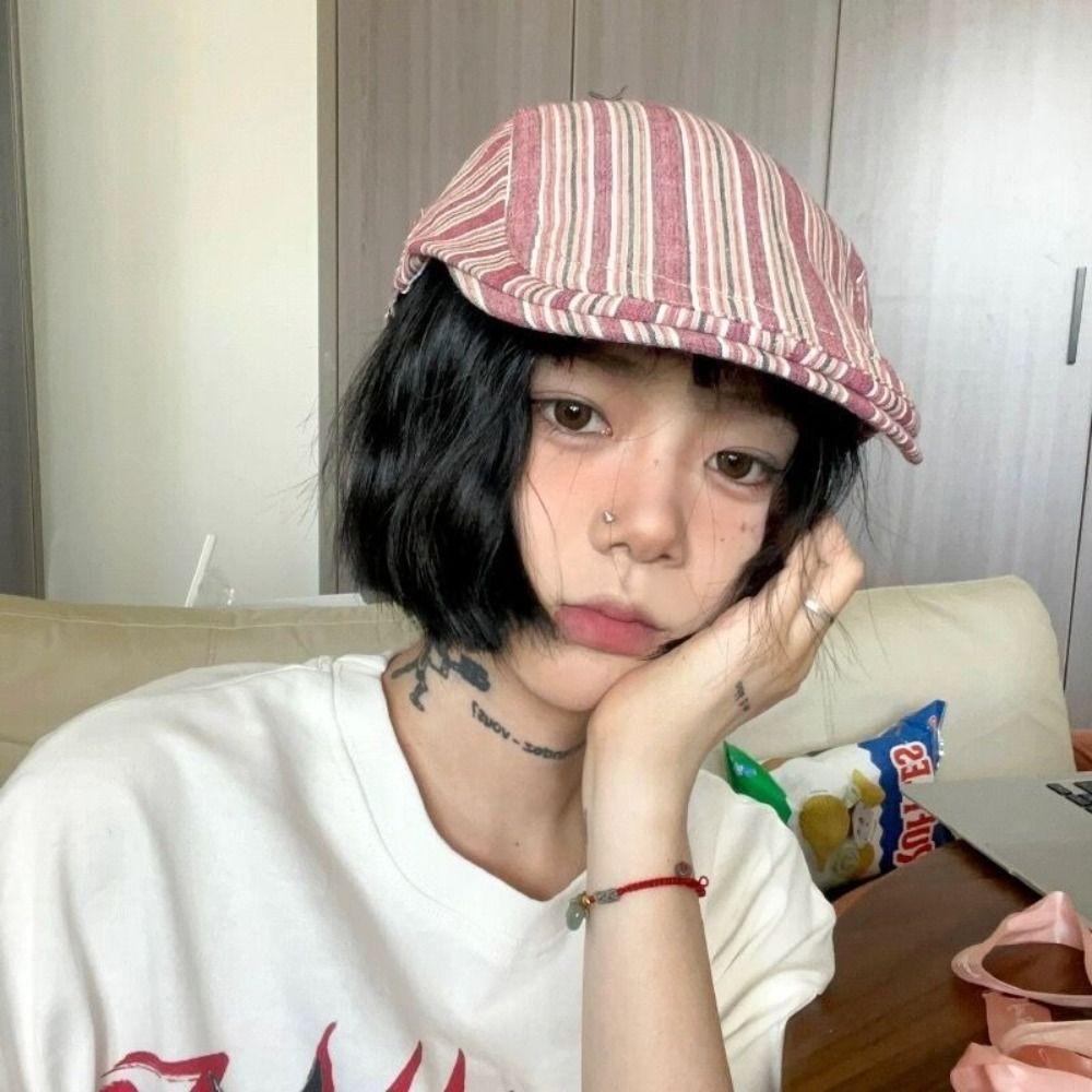 Y2k Peaked Caps Striped Painter Hat Retro Newsboy Cap  Berets