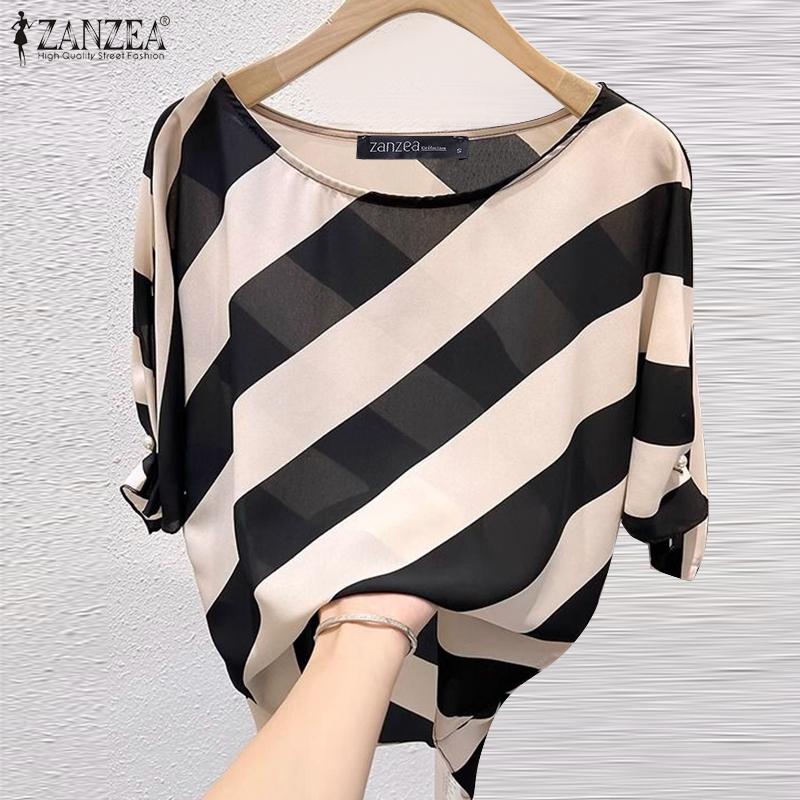 

ZANZEA Женская повседневная блузка с круглым вырезом и короткими рукавами в полоску S чёрный