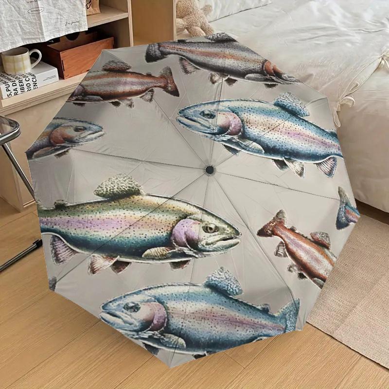 Regenbogenforelle Fischdruck Automatisches Öffnen und Schließen Regenschirm, Tragbares FaltDesign mit 8-Rippen Eisenrahmen, Outdoor-Regenschutz für Fans, Reisende, Da