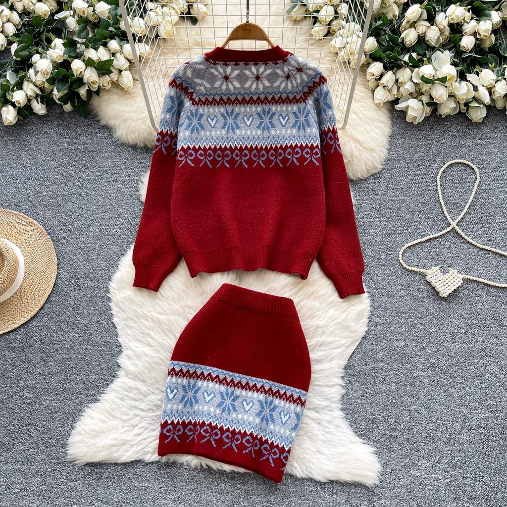 Autumn Winter Women Vintage Jacquard Knitted Sweater Two Piece Set Single Breasted Cardigans Tops and Mini Short Sheath Skirt Suit
