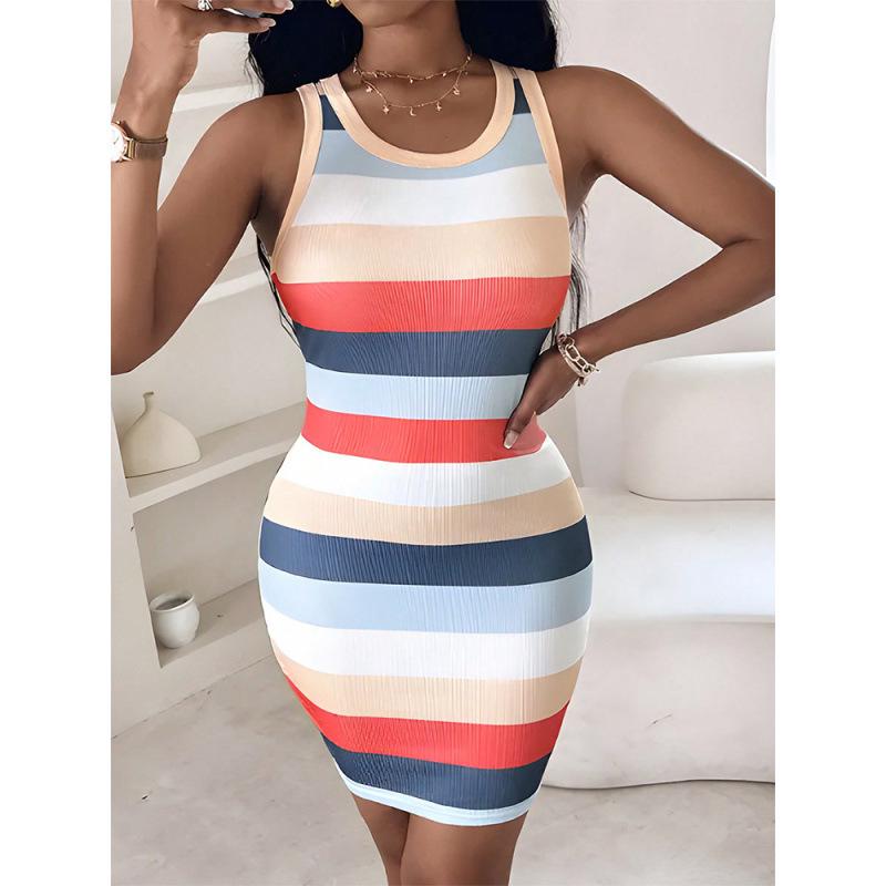 Elegant Spring & Summer Women's Ribbed Tank Top Style Bodycon Dress - Comfortable, Casual, Solid Color