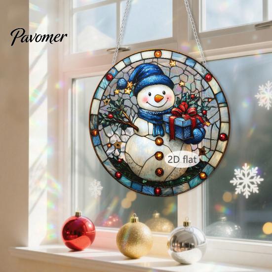 Colorful Acrylic Window Decorations Christmas 2D Hanging Ornaments, Stained Glass Style Snowman Santa Snowflake Suncatcher for Hanger with Chain,