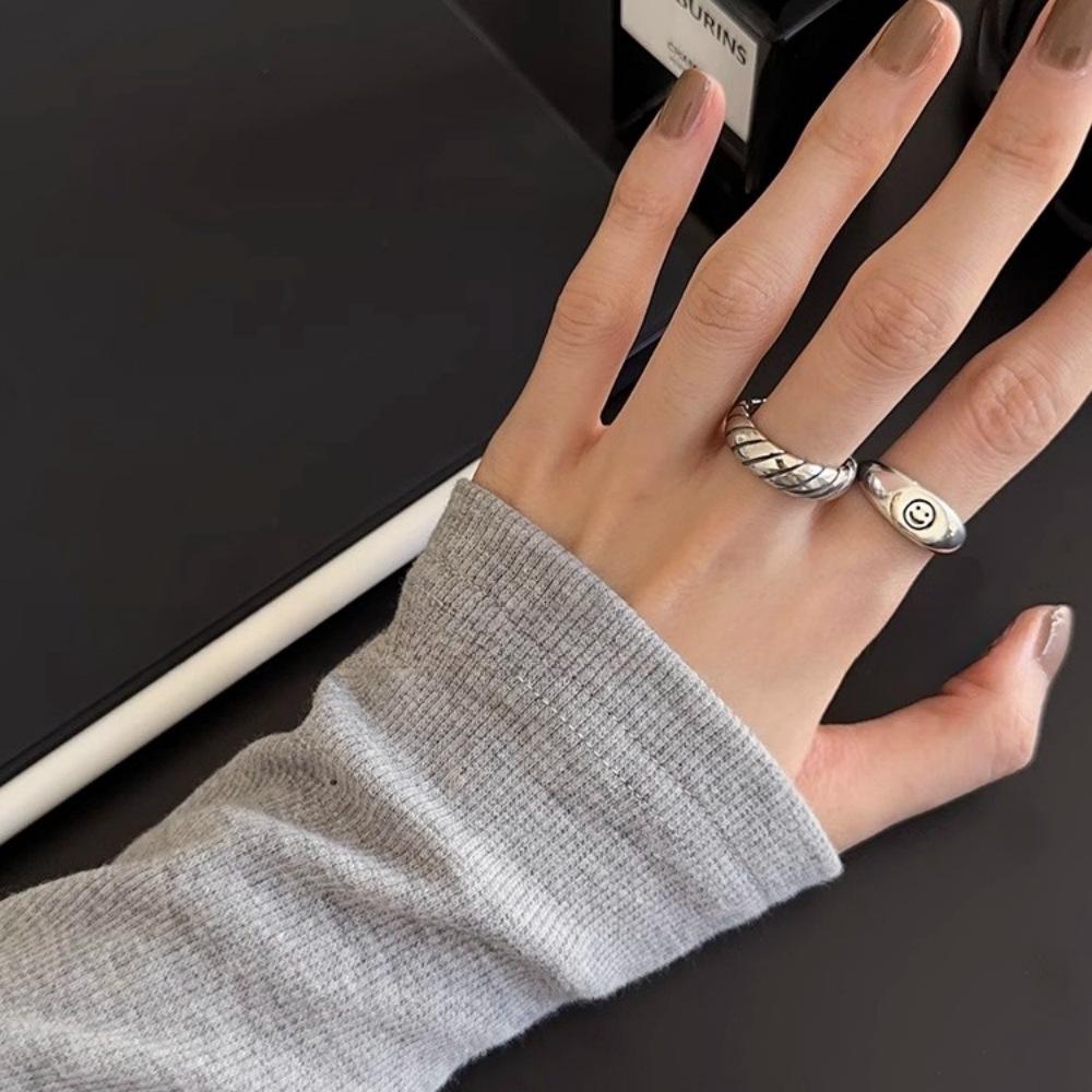 Korean bloggers daily stack 925 sterling silver thickened smiley face thread old silver ring ring opening simple ins wind