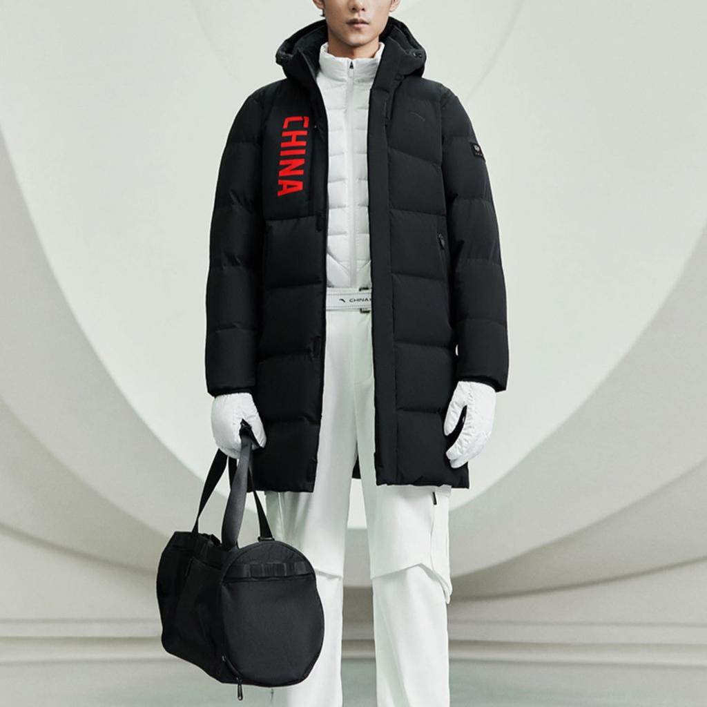 Anta Thickened Warm Mid-Length Down Jacket With Print Logo And Zipper Hood Men Outerwear Black 152317901-2