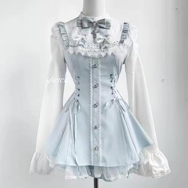 Ensemble Short Robe à Nœud Style Lolita Esthétique Chemise Boutonnée Manches Évasées Dentelle Gothique Japonaise Robe Mini Fête Punk S