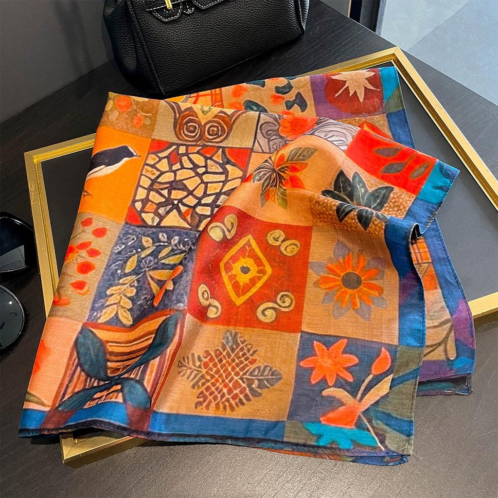 Summer New Fashion Versatile Retro Style Color Matching Printed Silk Scarf Women's Temperament with Age-reducing Headscarf
