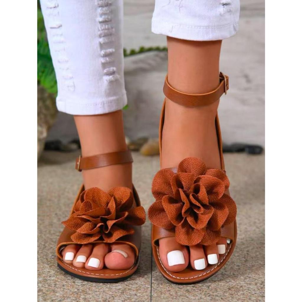 Women's Casual Flat Shoes,Flower Decoration Buckle Strap,Bow Ankle,One Strap,Fashion Sandals,Suitable for Summer Outdoor