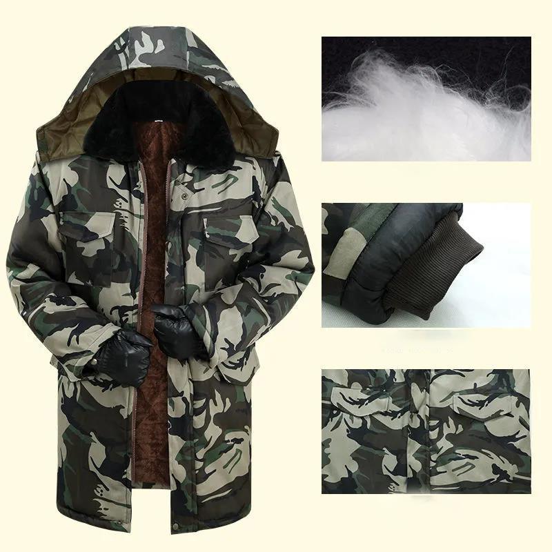 Pánská maskáčová péřová bunda s kapucí Středně dlouhá Zimní Hřejivá Bavlněná bunda Pánský Ležérní Top Univerzální Zip Kovová Spona Kabáty Outdoorové Pracovní