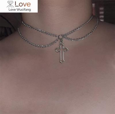 Kpop Women Neck Chain Cross Choker Necklaces On The Neck Double Layer Pendant Jewelry  Chocker Collar For Girls Checker Goth