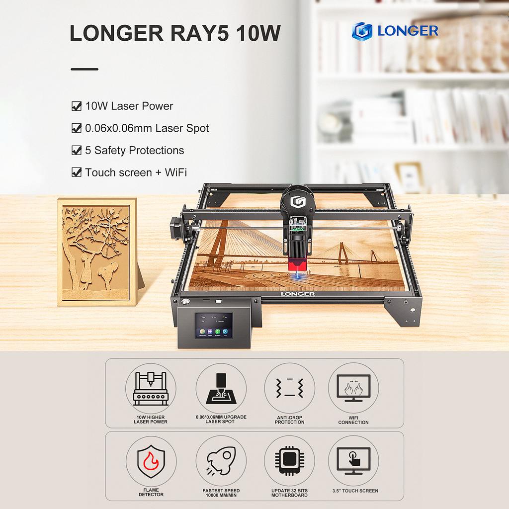 LONGER Ray5 10W Laser Engraver with Engraving Area 400x400mm 3.5'' Touchscreen 32-bit Motherboard Support App WIFI USB TF Card D