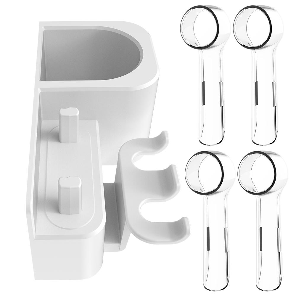 Self Adhesive Toothbrush Organizer & 4 Brush Heads Dustproof Protective Covers Set, Compatible with Oral B Electric Toothbrushes