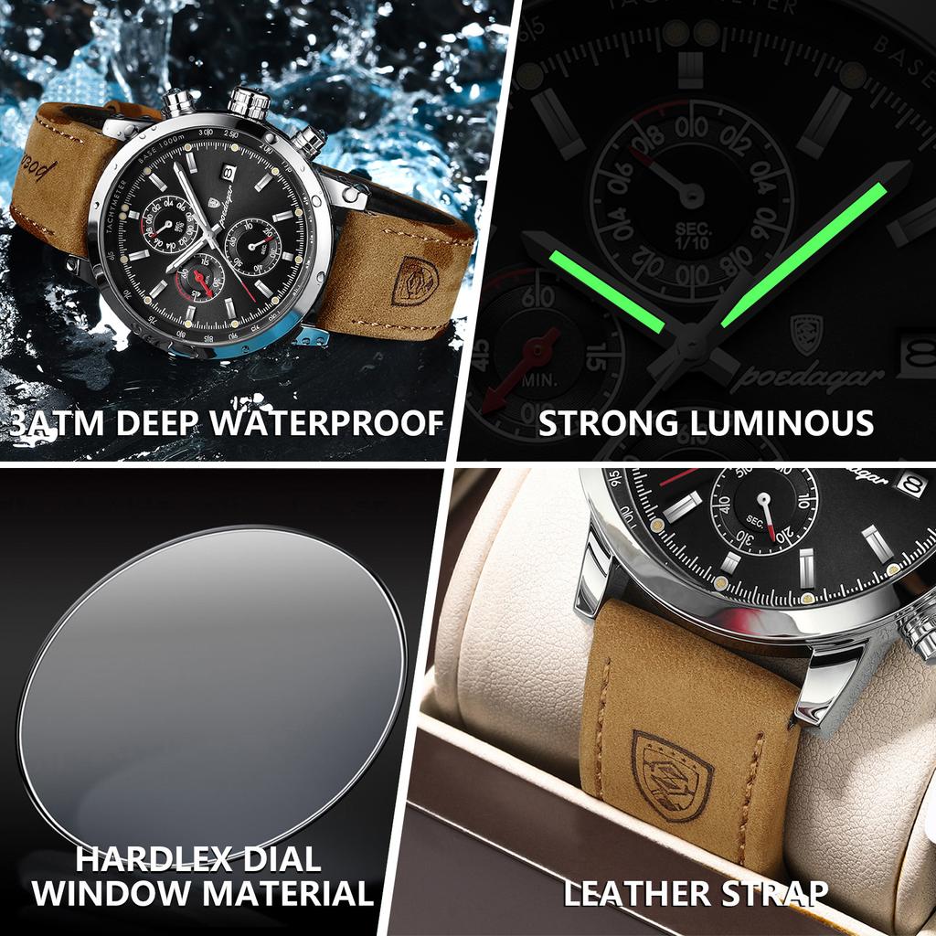 POEDAGAR Functional Luxury Man Wristwatch Date Waterproof Luminous Chronograph Men Watch Male Leather Men's Quartz Watches Reloj