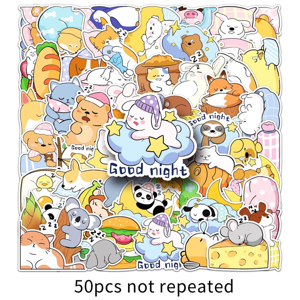 50 Waterproof Hand-Painted Good Night World Stickers: Cute Pet Designs for Fridge, Water Bottle, Journal, Computer, and More