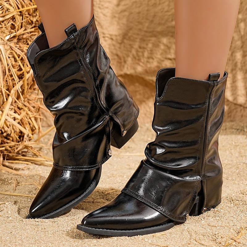 

Модные полусапоги осенние новые остроносые с заклепками нескользящие износостойкие на блочном каблуке одинарные сапоги 41 чёрный