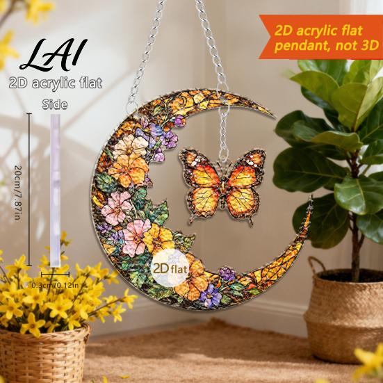 Transparent Acrylic Window Art Moon-Shaped Wreath Hanging Ornament Butterfly Angel Floral Stained Glass Style Mosaic Daily Home Furnishings