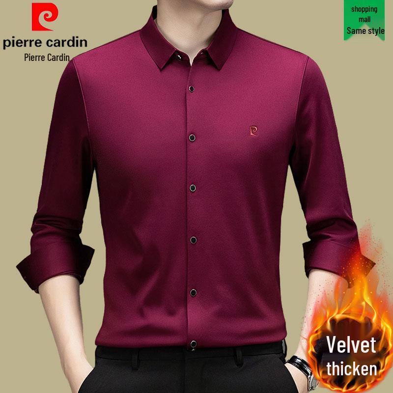Pierre Cardin Men's Long Sleeve Mulberry Silk Shirt - Iron-Free, Plus Velvet, High-End Business Casual for Autumn/Winter