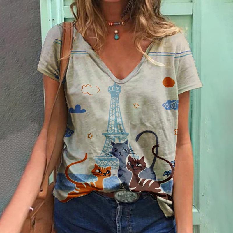 2023 Women T-Shirts Butterfly Y2k Female Tops Clothing Summer 3D Short Sleeve Print Tees Harajuku Kawaii Oversized Loose V Neck T Shirts