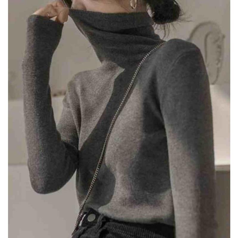 Women's High Neck Knitted Base Sweater Women's Autumn and Winter Pile Neck Thin Sweater