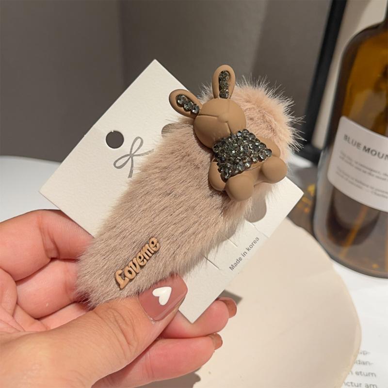 Rabbit Shape Hairpin Lovely Female Rhinestones Bunny Plush Clip Headdress Lolita Hair Barrette Nonslip Hair Clip for
