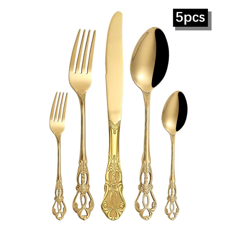 6/30pcs Gold Embossed High-end Stainless Steel Tableware Huangting Western Steak Knife and Fork Spoon Dessert Spoon and Fork