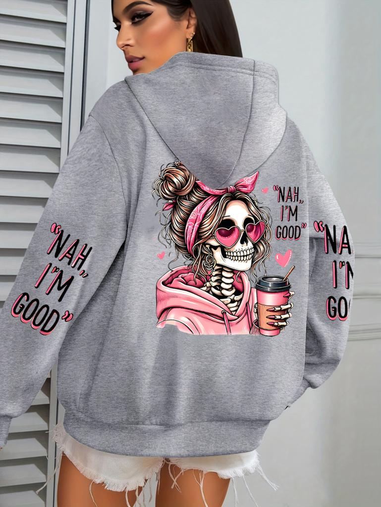 Felpa con Cappuccio da Donna I'M Good Coffee Teschio Stampa Divertente Felpa Larga da Jogging Pile Autunno Abbigliamento Sportivo Casual Y2K Unisex con Cappuccio