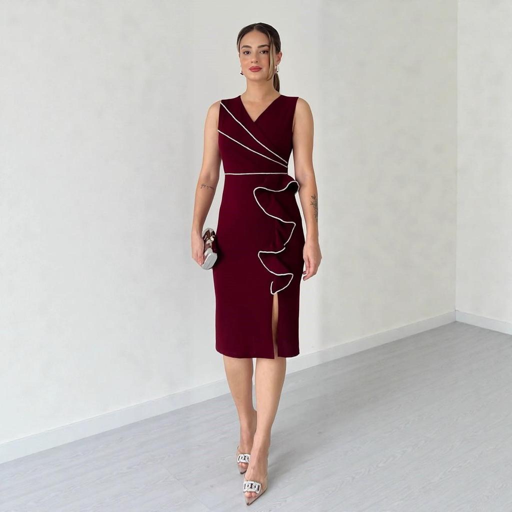 Robe de soirée bodycon satinée taille haute 2025 avec détail volanté