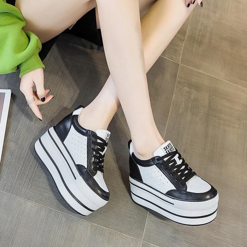 Fashion 11cm Natural Genuine Leather Platform Wedge Casual Chunky Sneakers Women Lace Up Ankle Boots Spring Autumn Moccasins Shoes