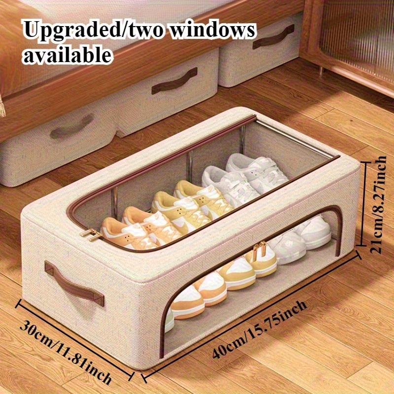 High quality4-Season Foldable Double-Window Shoe Cabinet - Dustproof Stackable Under-Bed Storage, Beige Linen Vintage Style, Suitable for Sneakers,