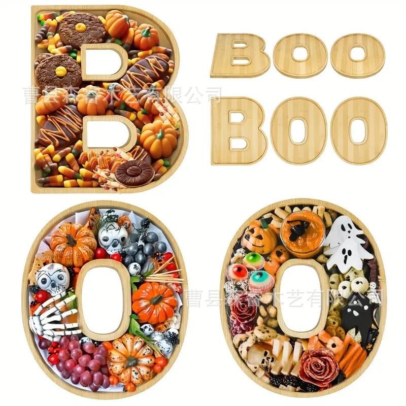 Halloween Bamboo Letter Tray Set “BOO” – Wooden Party Platter For Snacks, Candy, Charcuterie & Holiday Decor