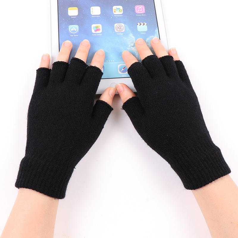 Black Short Half Finger Fingerless Knit Gloves Solid Color Half Finger Knitted Mitten Autumn Winter Outdoor Motor Driving Gloves