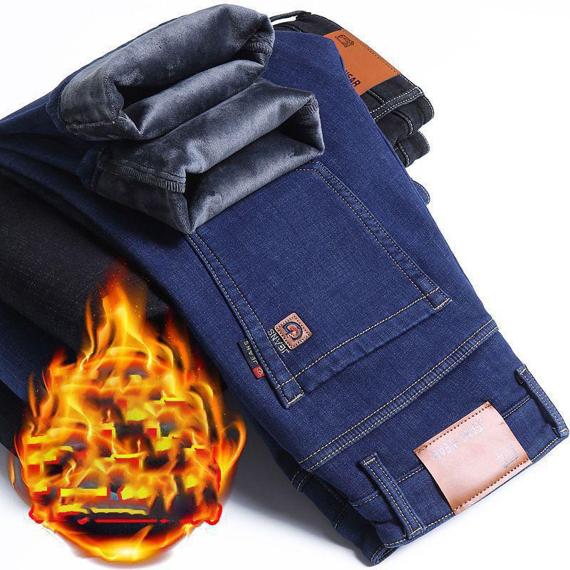 Zimní pánské teplé slim fit džíny business móda zahuštěné džínové kalhoty fleecové strečové značkové kalhoty černé modré