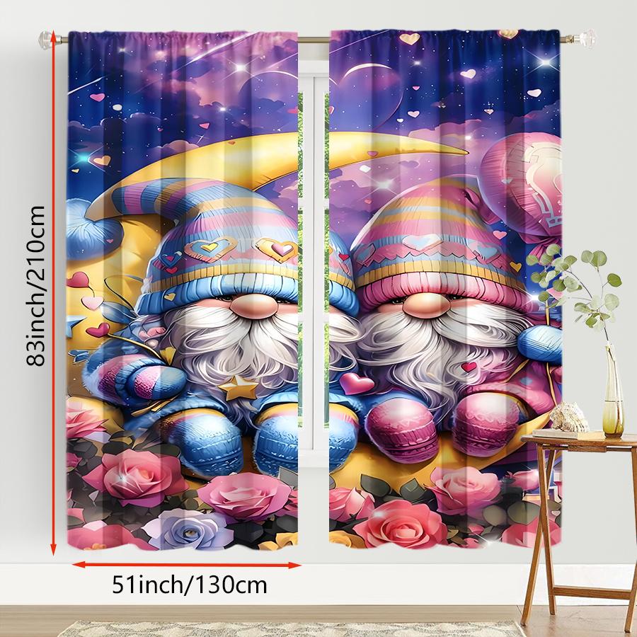 2pcs Colorful Love Gnome & Rose Curtains, Perfect for Valentine's Day Window Decor, Whimsical Home Bedroom Living Room Decor
