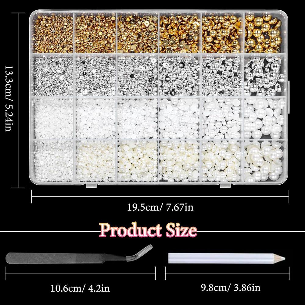 Round Pearl Nail Art Decorations Kit, Mixed Sizes Gold Silver Beads Studs for DIY Manicure