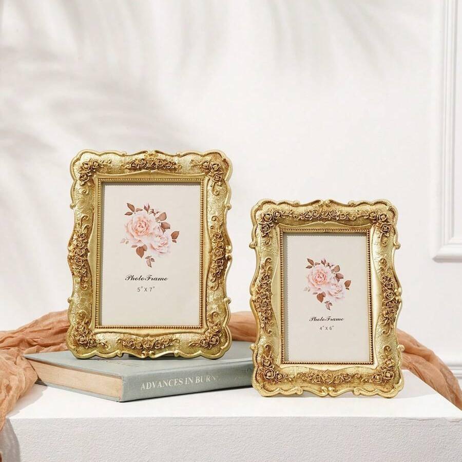 Vintage Resin Photo Frame With Gold Embossed Rose Pattern For Christmas And Anniversary Gifts