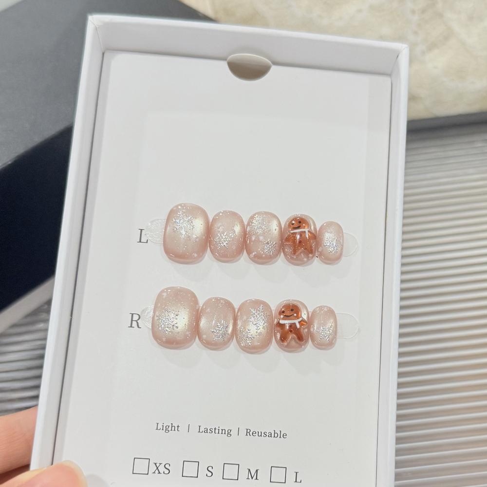 10Pcs Cute Cat Eye Short Press On Nails Christmas Snowman Bow Snowflake Cherry Apple Full Cover Fake Nails Gift