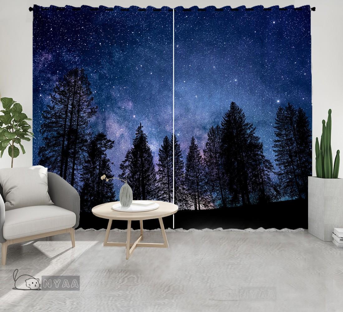 

2 шт. Звездное небо Луна Звезды Красивые деревья Ткань Шторы для гостиной Декор Кухня Спальня Шторы Полузатемняющие Cortinas 100W130H(CM)40x51in&Grommet Top