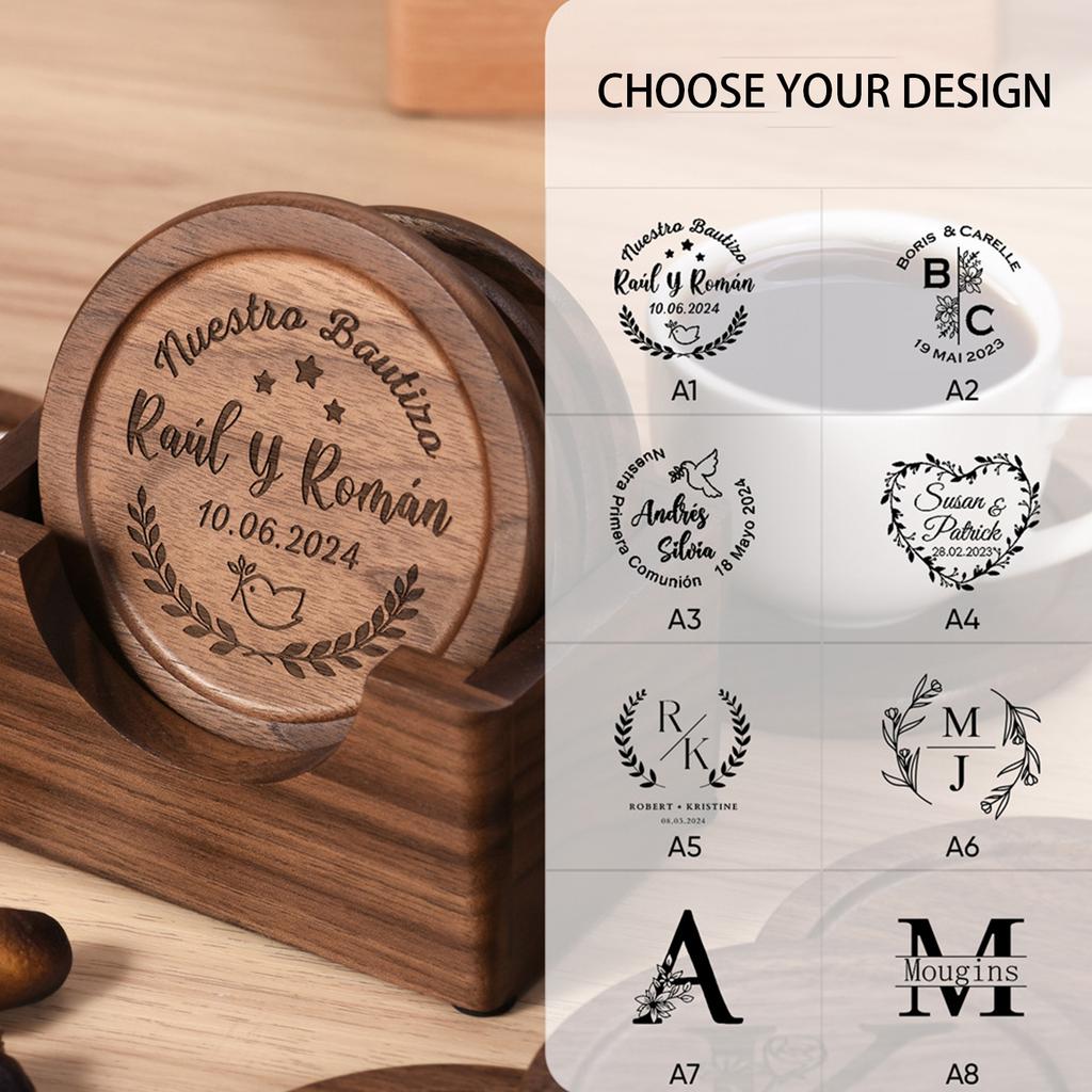 Custom Cup Mat Set Of 6 With Holder, Personalized Handmade Wooden Cup Mat, Personalized Gifts For Wedding, Anniversary, Family, Housewarming
