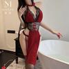 New Sexy Sexy Lace Perspective High Waist Split Rose Dance Princess Cheongsam Uniform Set