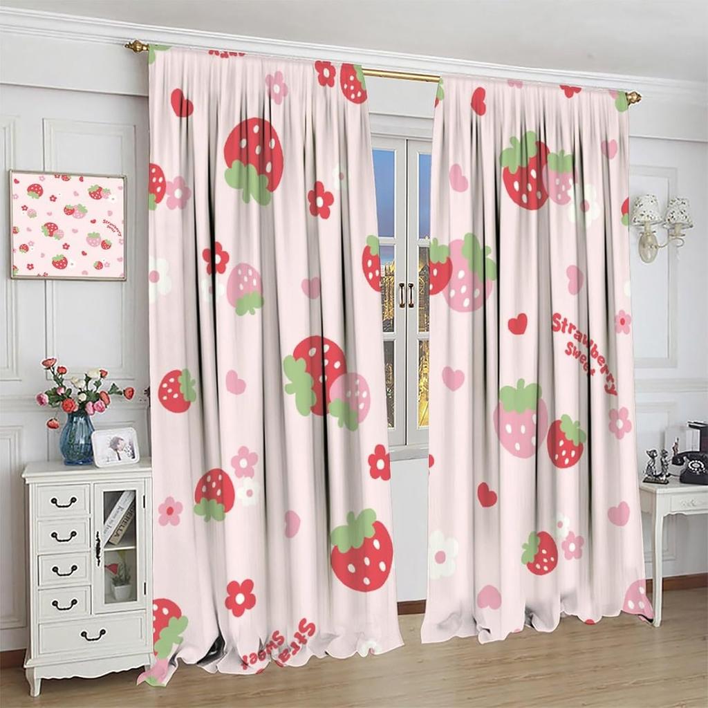 Erdbeer Frucht Blume Niedliche Vorhänge Groovy Funky Trendige Blumenbedruckte Stangentasche Fensterbehänge für Mädchen Schlafzimmer Wohnzimmer