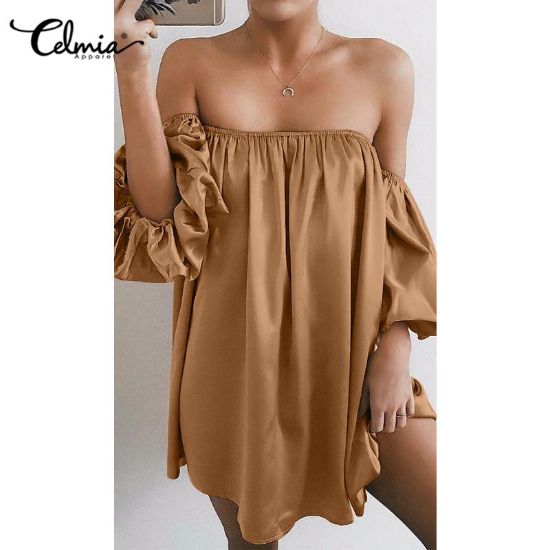 

Celmia Лето Женщины Пышный рукав Одно слово Воротник Короткое платье Эластичное