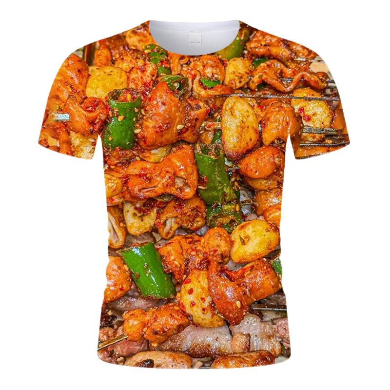 Barbecue Squid Kebab Pattern T Shirt For Men 3D Printed BBQ T-shirt Round Neck Short Sleeve Tee Shirts Tops Street Loose Tshirt