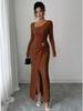 2026 Korean European Style Split Maxi Dress - Elegant Slim Fit Knit with Long Sleeves and Hip-Hugging Design