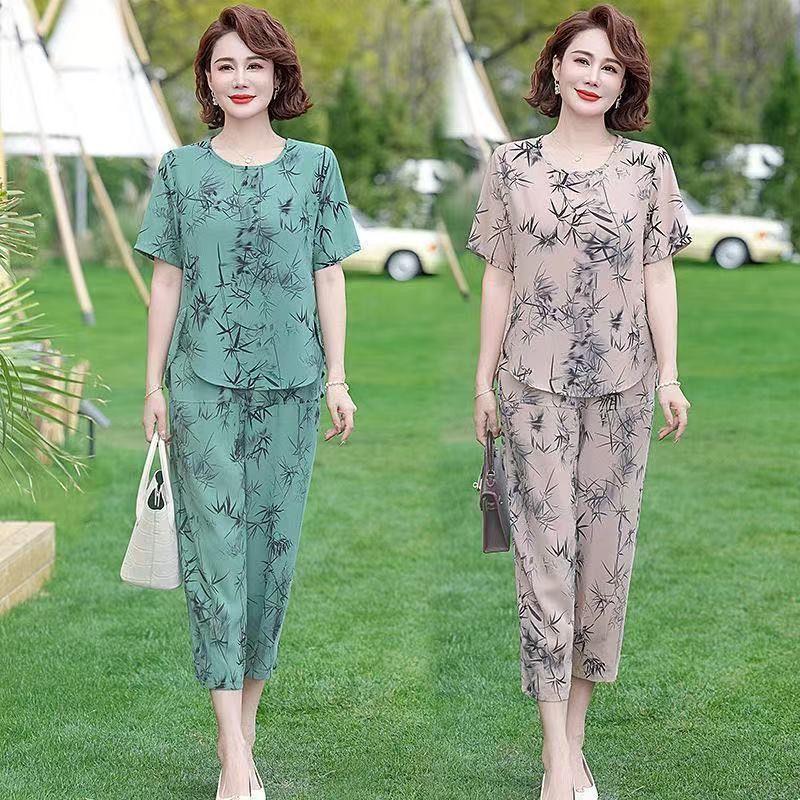 Ice silk cool feeling middle-aged and elderly mother nine-point wide-leg pants thin sports suit summer women's short sleeves