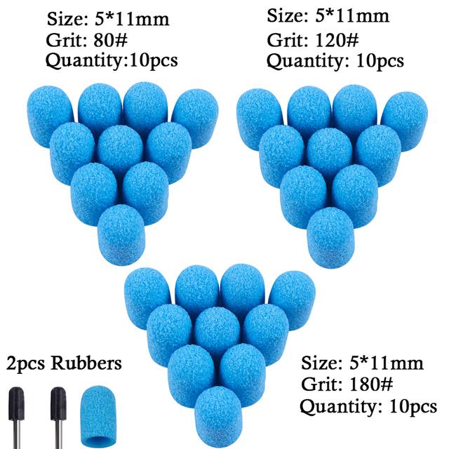 

30 шт. Шліфувальних ковпачків для нігтів із 2 гумовими наконечниками для зняття гель-лаку. Свердла для нігтів. Шліфувальна стрічка для педикюру, манікюрної машини. синій