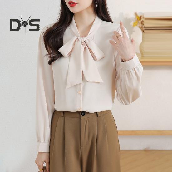 Women Shirt Lace-up Bowknot Collar Long Sleeve Casual Shirt Solid Color Loose Fit Chiffon Shirt Tops Daily Wear