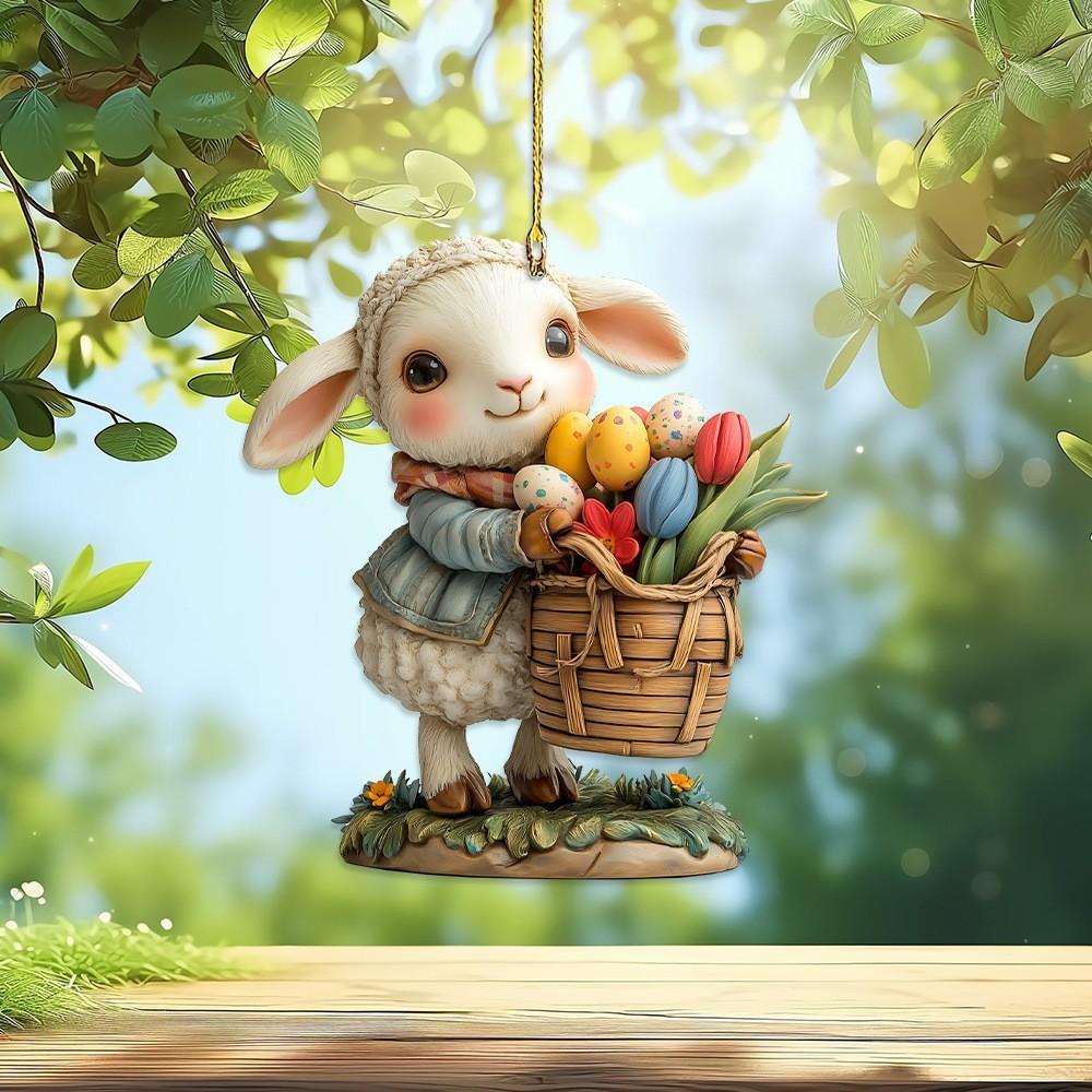 Rabbit Easter Little Holding Eggs Car Pendant With Acrylic Flat Surface Decor