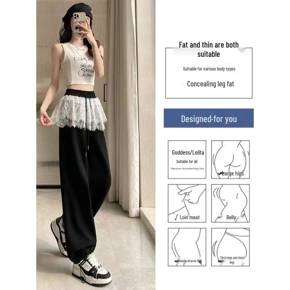Women's High-Waisted Lace Patchwork Wide-Leg Sweatpants for Spring/Summer