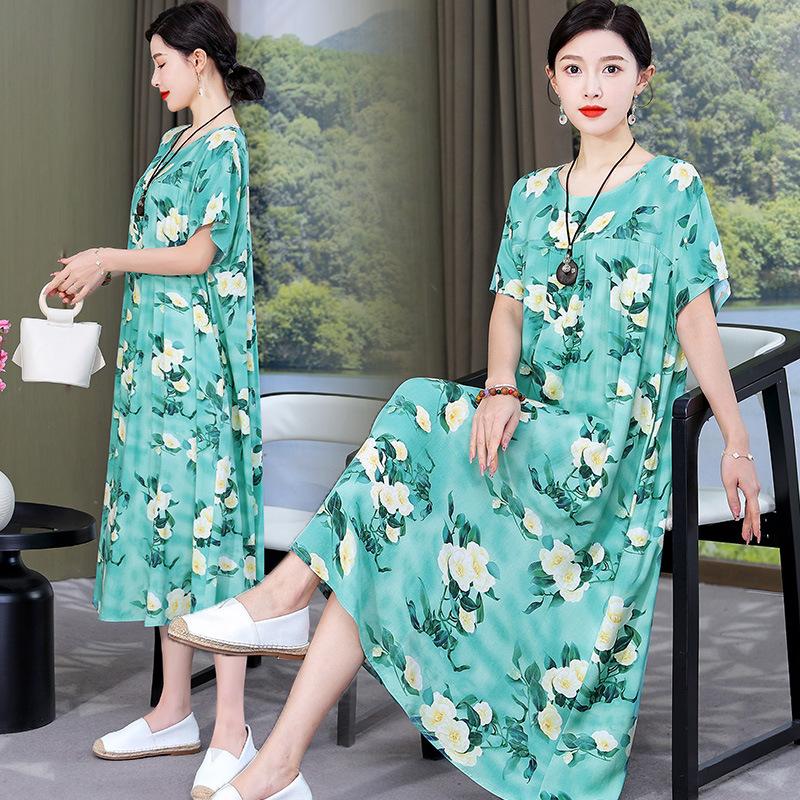 Women's Round Neck Short Sleeve Maxi Dress Loose Relaxed Waist Elegant Floral Print Plus Size Casual Summer Dress