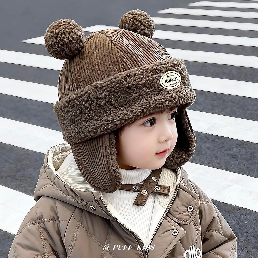 Children's Winter Hat with Fleece Lining, Windproof Corduroy Design, and Lambswool Ear Protection
